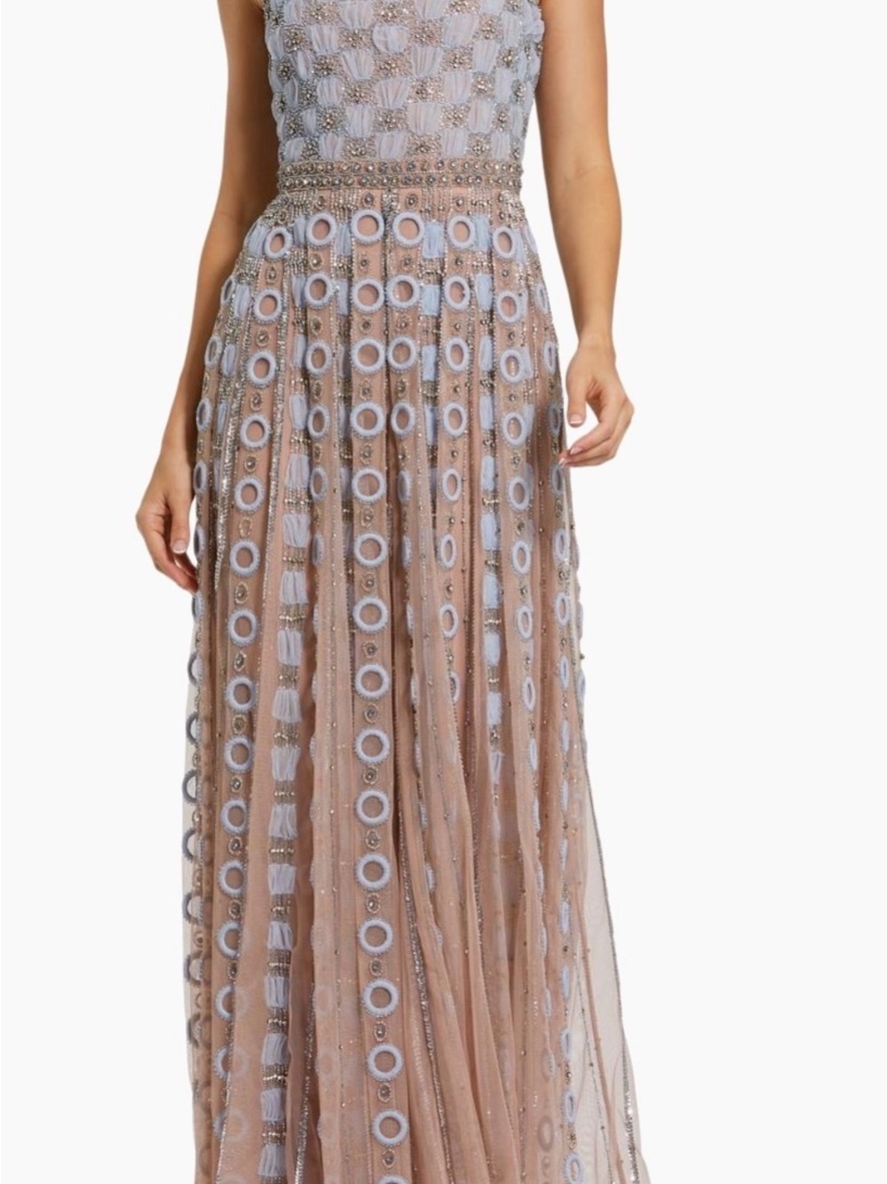 Mac Duggal embroidered mesh a-line Taupe Dress with Light Blue Appliqué - Picture 2 of 4